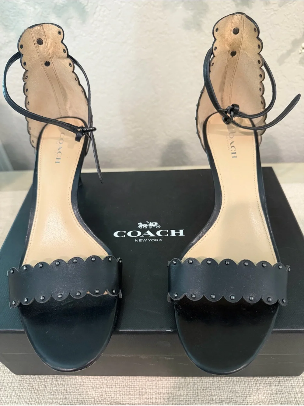 Coach Black Scalloped Ankle-Strap Heels with Stud Accents